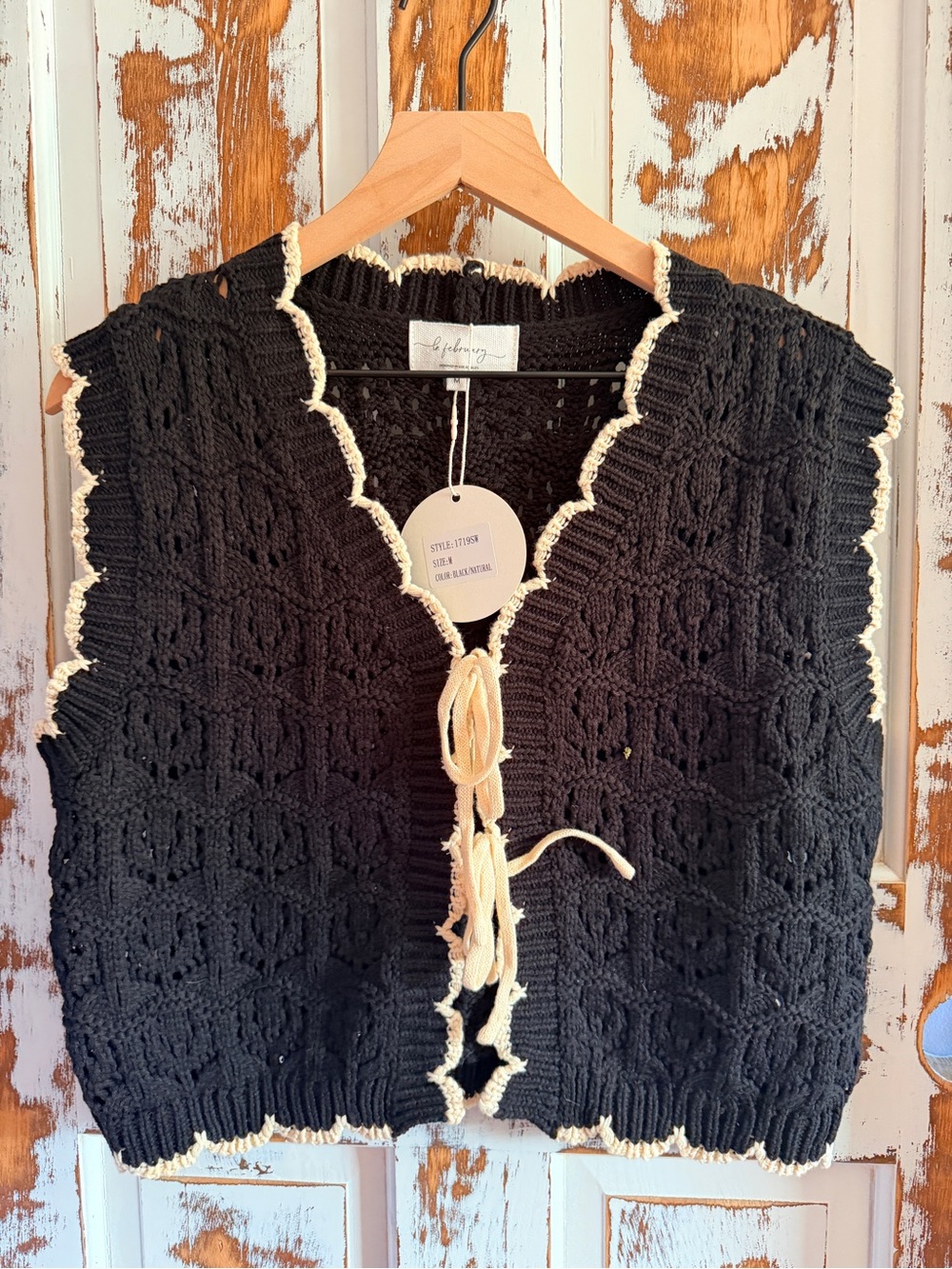 Black Crochet Tie-Front Sweater Vest with Cream Trim